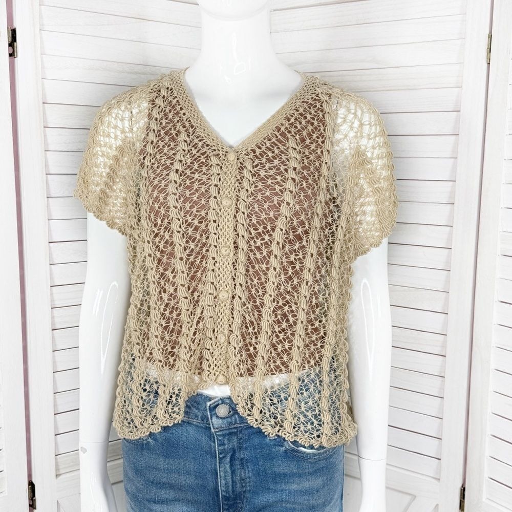 Vintage Boho Crochet Lace Sheer Topper Cardigan Button Up Tan Medium Cottagecore